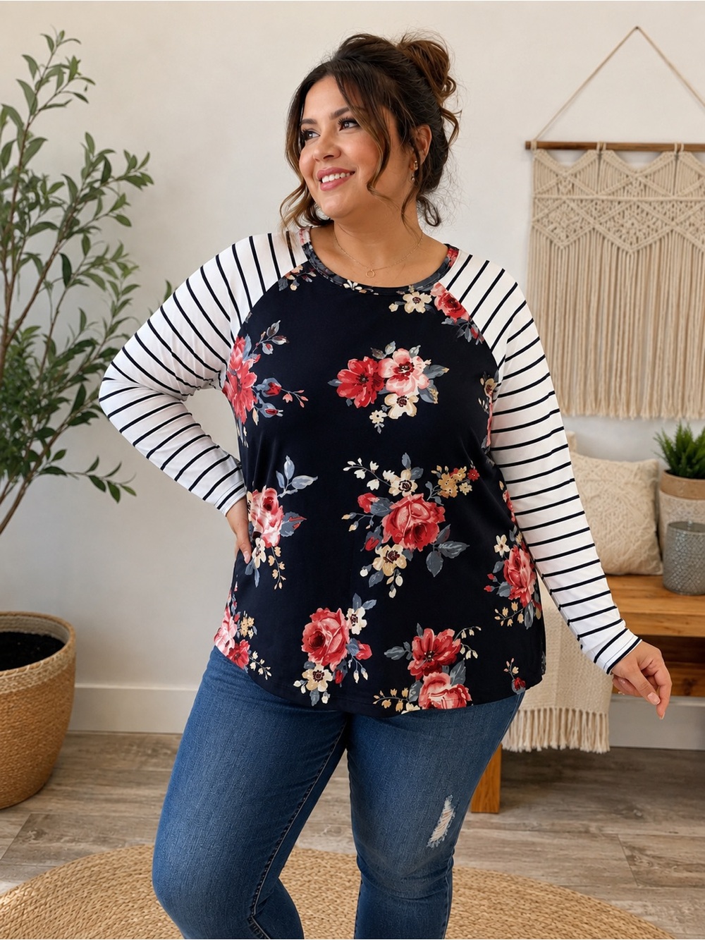 Chic Soul XL Floral Tunic Top Navy Striped Long Sleeve Plus Size 1XL